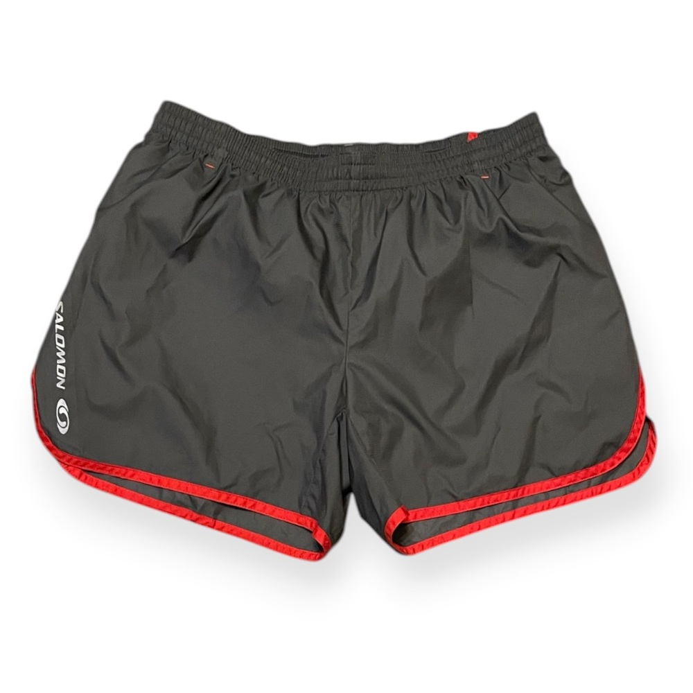 Women's Salomon Lined Running Shorts Size Large Gray Red Zippered Back Pocket